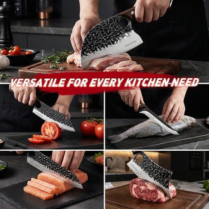MDHAND Butcher Knife Set, 12PCS Hand Forged Serbian Chef Knife Set with Bag, High Carbon Steel Full Tang Kitchen Knives Set, Meat Cleaver & Boning Knife for Brisket Trimming BBQ Camping, Gift for Men