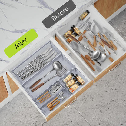 Neudeco Silverware Organizer,Mesh Drawer Organizer for Kitchen，Metal Utensil Organizer for Flatware, Knives, Spoons,Cosmetic (Silver 9 * 3 * 2 inch Pack6)