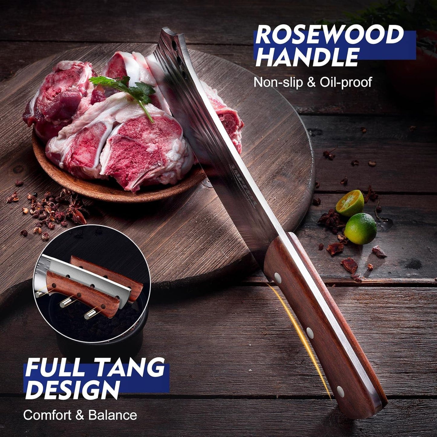Topfeel 2PCS Meat Cleaver & Heavy Duty Bone Chopper Knife Set, Hand Forged German High Carbon Stainless Steel Butcher Knife for Home Kitchen & Outdoor