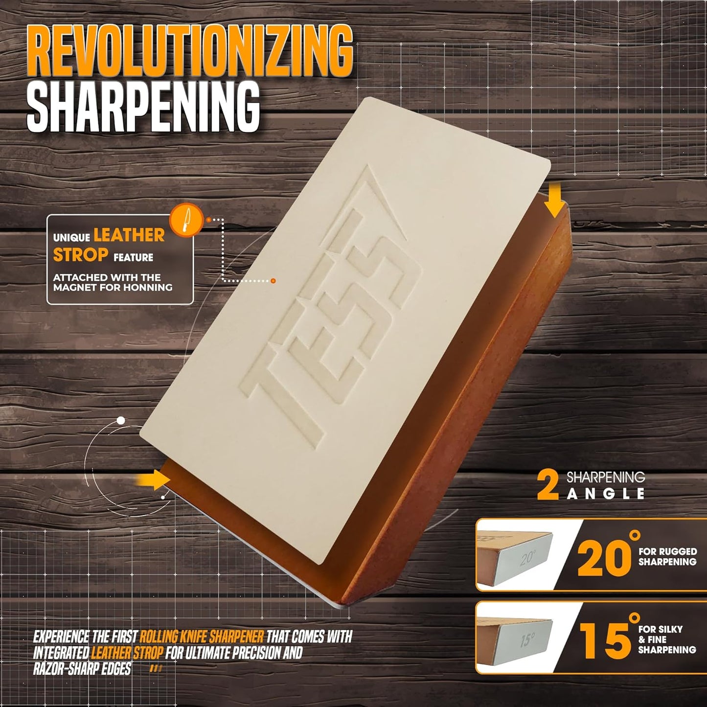 Rolling Knife Sharpener Kit with Leather Strop - 15 & 20 Degree Magnetic Holder - Diamond & Ceramic Discs - Professional Kitchen Knife Sharpening Tool