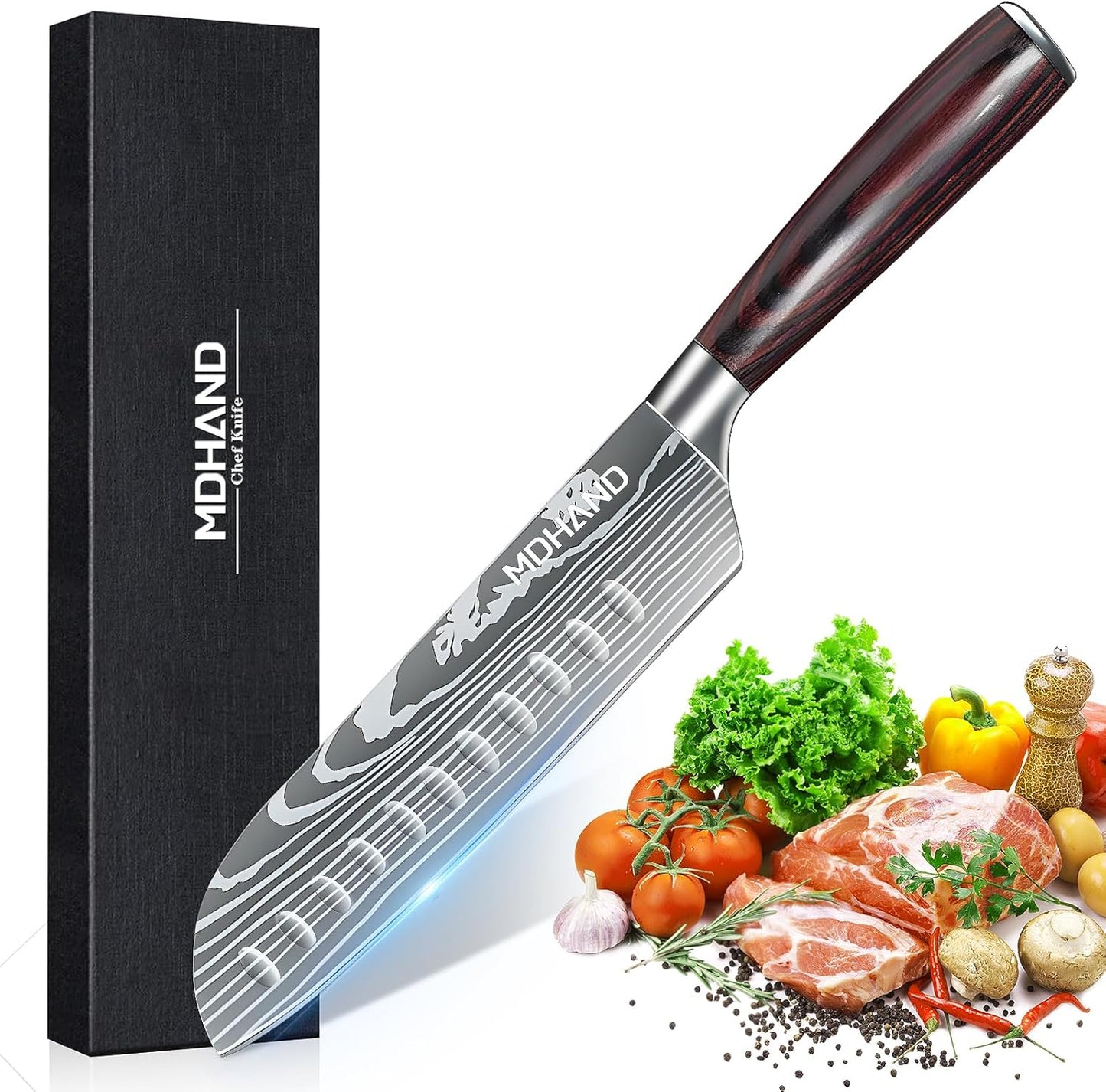MDHAND 7" Santoku Knife - Ultra Sharp Japanese Chef Knife, Forged German Stainless Steel Chopping Knife with Ergonomic Pakkawood Handle Design, Home Cooking Gifts for Women and Men