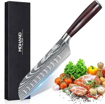 MDHAND 7" Santoku Knife - Ultra Sharp Japanese Chef Knife, Forged German Stainless Steel Chopping Knife with Ergonomic Pakkawood Handle Design, Home Cooking Gifts for Women and Men