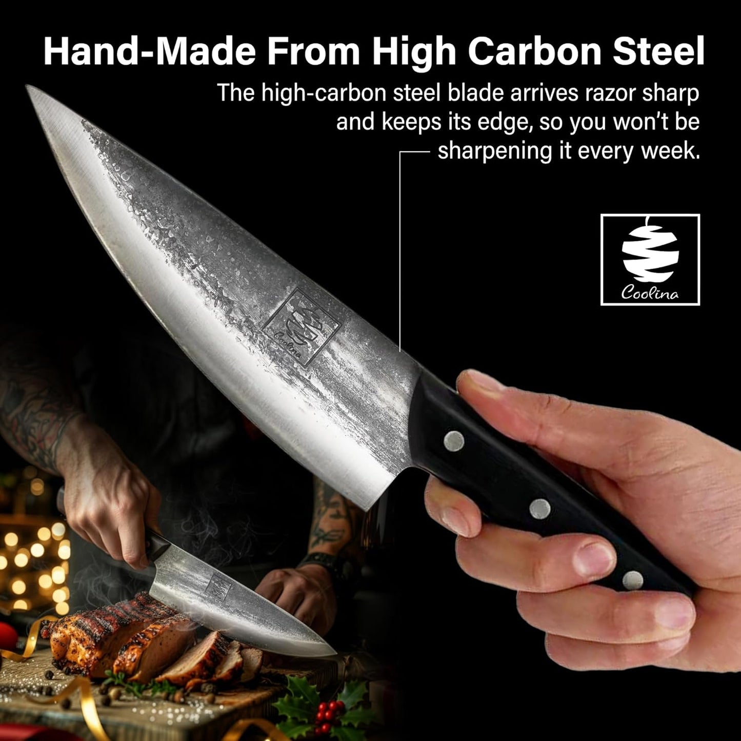 COOLINA Daozi 8" Butcher Knife, Hand-Forged High-Carbon Steel Cleaver for Heavy-Duty Meat Cutting, Slicing, Chopping, Brisket & BBQ, Full-Tang Forged Blade with Ergonomic Wood Handle