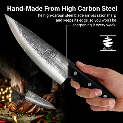 COOLINA Daozi 8" Butcher Knife, Hand-Forged High-Carbon Steel Cleaver for Heavy-Duty Meat Cutting, Slicing, Chopping, Brisket & BBQ, Full-Tang Forged Blade with Ergonomic Wood Handle