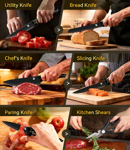 XANAPON Knife Set, 14 Pieces Kitchen Knife Set, High Carbon German Stainless Steel, Dishwasher Safe Cutlery with Sharpener, Black