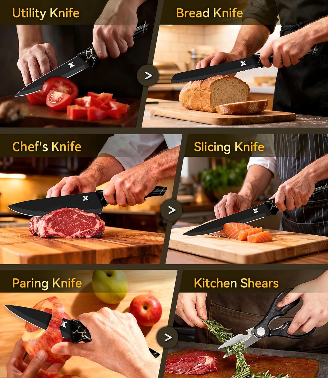 Knife Set, 8 Pieces Kitchen Knife Block Sets, High Carbon German Stainless Steel, Dishwasher Safe Cutlery with Sharpener, Black