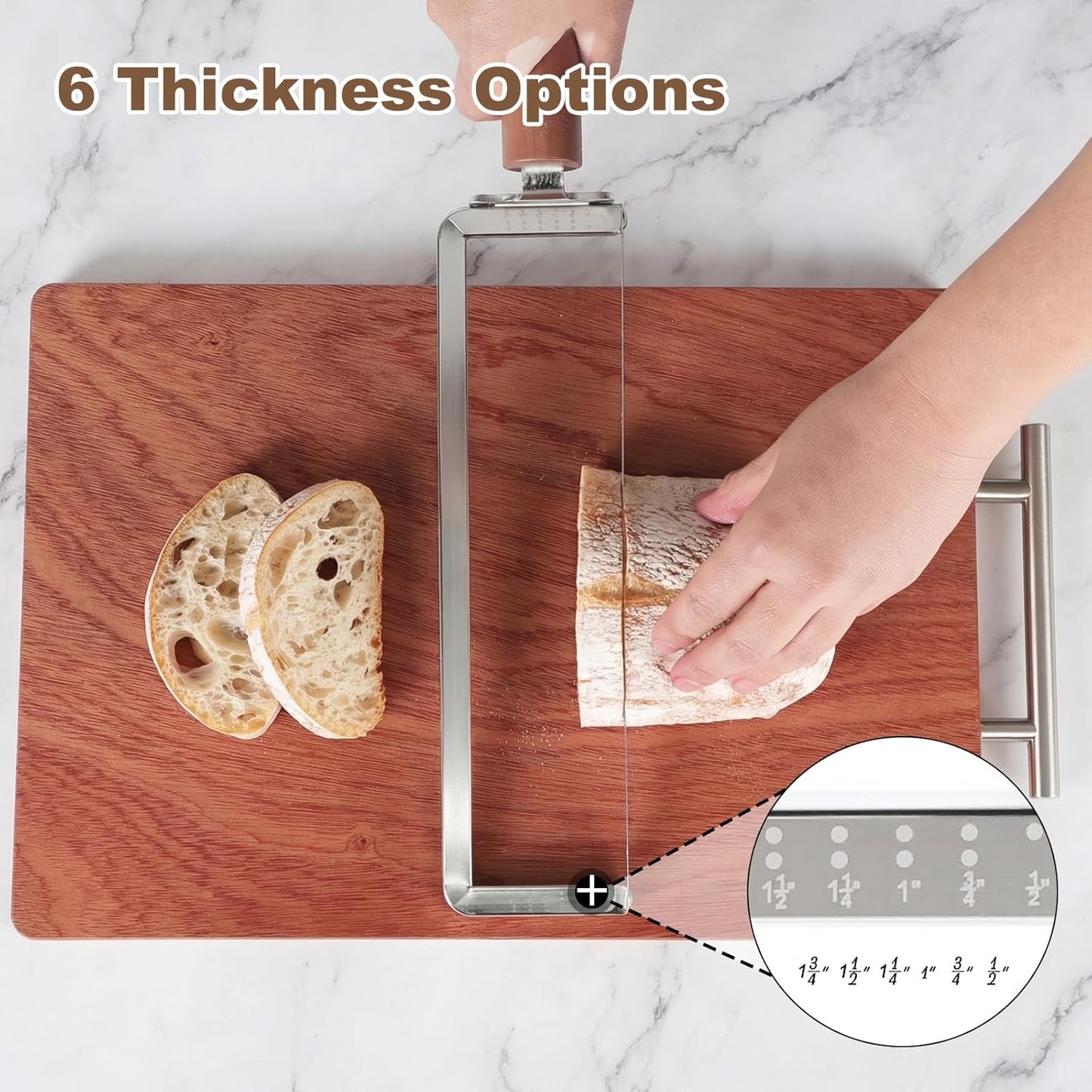 Sourdough Bread Slicer for Homemade Bread, Stainless Steel Serrated Bread Knife with Wooden Handle and 6 Precise Scale Markings, Manual Bread Slicer Cutter, Bread Bow Knife