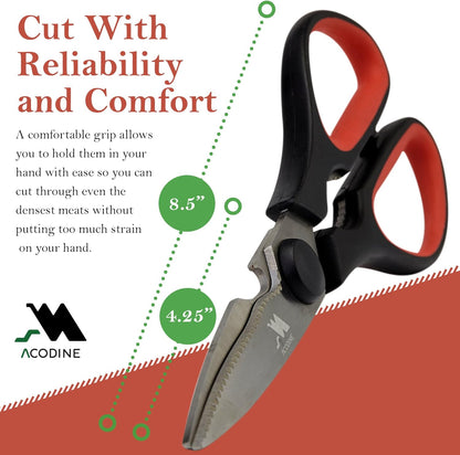 Heavy Duty Kitchen Shears -Take Apart Stainless Steel Blades, Comfort Rubber Grip Handles with Bottle Opener and Nutcracker - Multipurpose Scissors for Chicken, Meat Fish and Herbs - Acodine