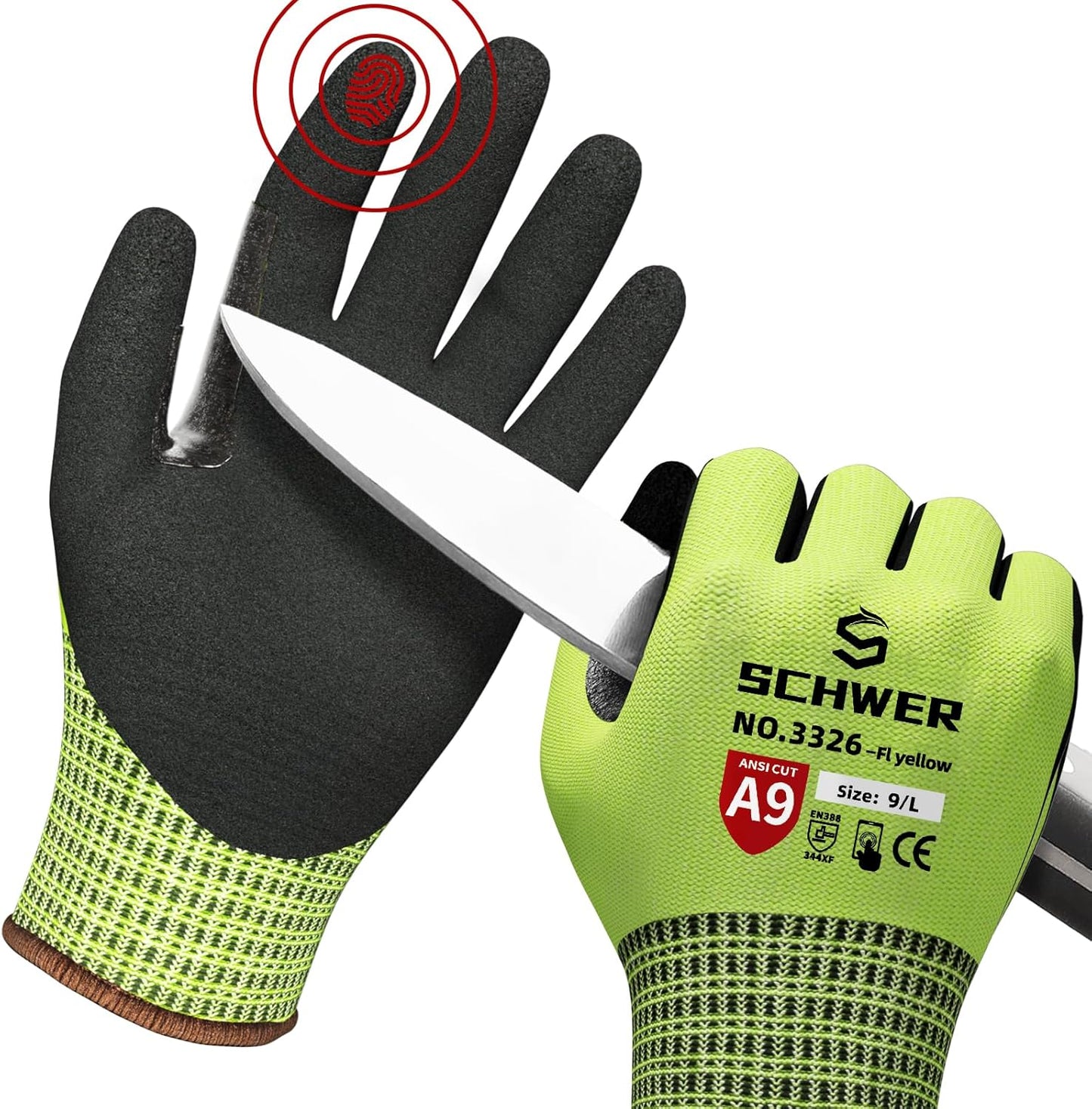 Schwer ProGuard High Level Cut Resistant Work Gloves PR3326 for Extreme Protection，ANSI A9 Cut Gloves with Reinforced Thumb, Non Slip, Breathable, Durable, Touch-screen, Black 1 Pair（XL）