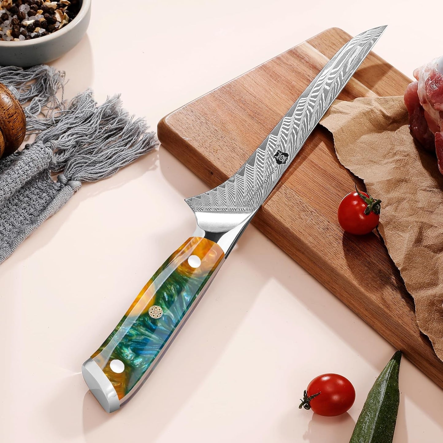 WILDMOK Damascus Boning Knife, 7 inch Super Sharp Fillet Knife, Japanese Damascus Steel, Full Tang Resin Handle, Includes Gift Box