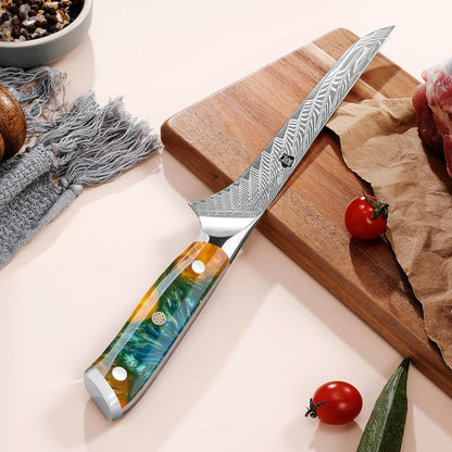 WILDMOK Damascus Boning Knife, 7 inch Super Sharp Fillet Knife, Japanese Damascus Steel, Full Tang Resin Handle, Includes Gift Box