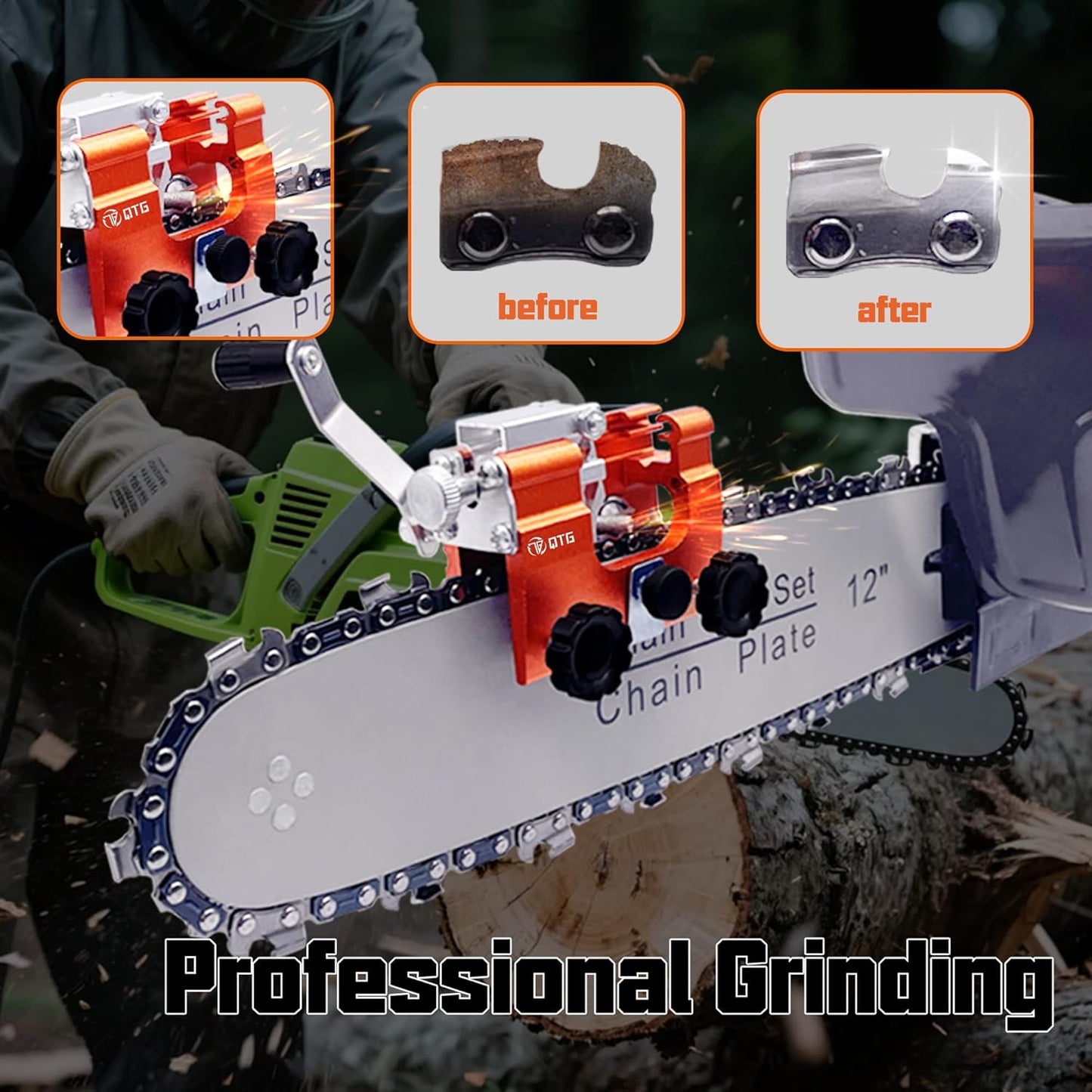 QTG Manual Chain Saw Sharpener,Adjustable Clamp & Precision Guide,Portable Metal Attachment,8-22" Chain/Electric Saws