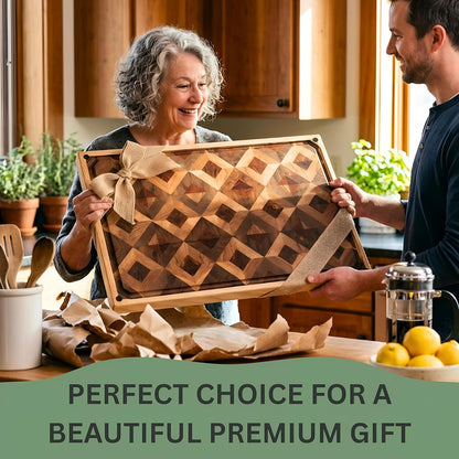 Walnut Oak Rosewood End Grain Cutting Board - 14x16 Large Wooden Butcher Block with Juice Grooves, Non-Slip Feet & Built-in Compartments - Reversible Board for Kitchen Decor & Charcuterie