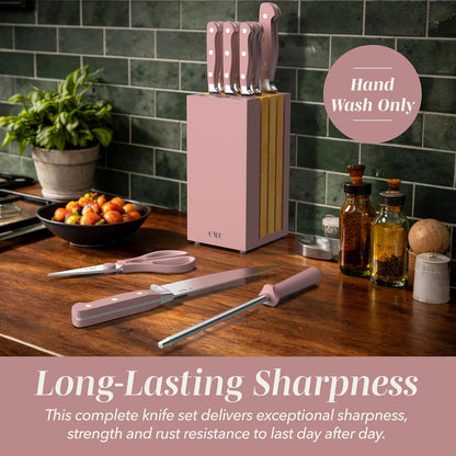 COOK WITH COLOR 14 Pieces Kitchen Knife Block Set, Knives for Kitchen, Forged Cutlery with Razor-Sharp High Carbon Steel Blades, Magnetic Block