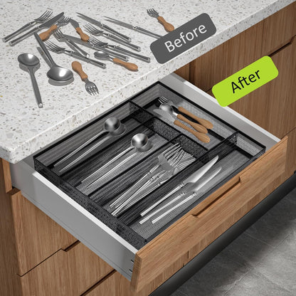 Neudeco Silverware Organizer,Mesh Drawer Organizer for Kitchen，Metal Utensil Organizer for Flatware, Knives, Spoons,Cosmetic (Silver 9 * 3 * 2 inch Pack6)