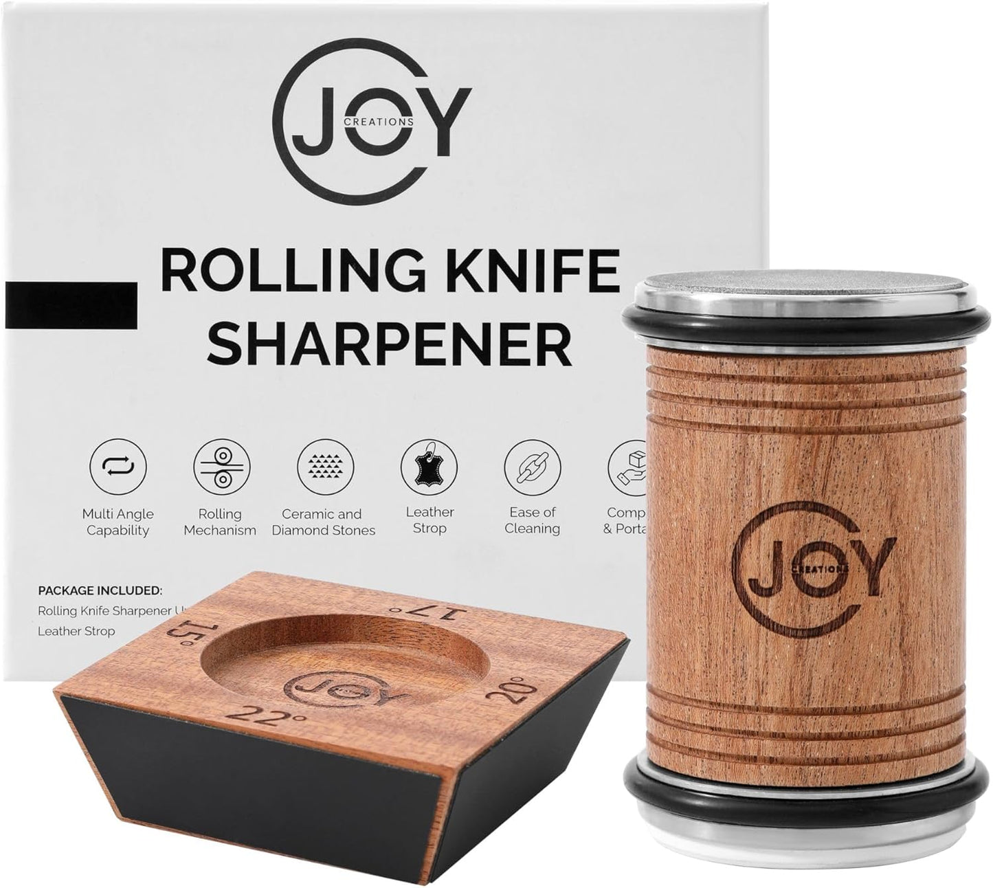 Rolling Knife Sharpener with Leather Strop – Premium Stainless Steel and Wood Design, Professional-Grade Tool for Razor-Sharp Edges, Ideal for Chefs and Home Kitchens