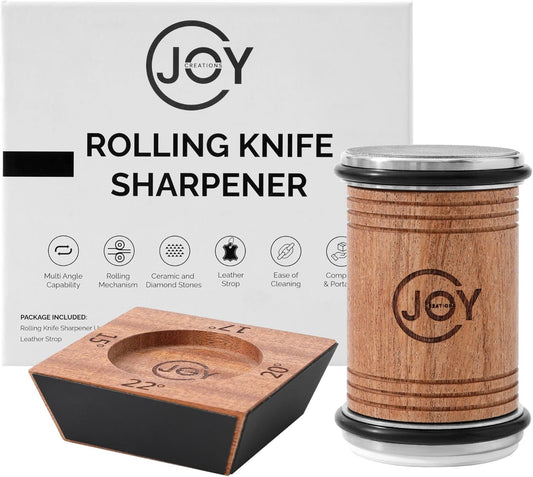 Rolling Knife Sharpener with Leather Strop – Premium Stainless Steel and Wood Design, Professional-Grade Tool for Razor-Sharp Edges, Ideal for Chefs and Home Kitchens
