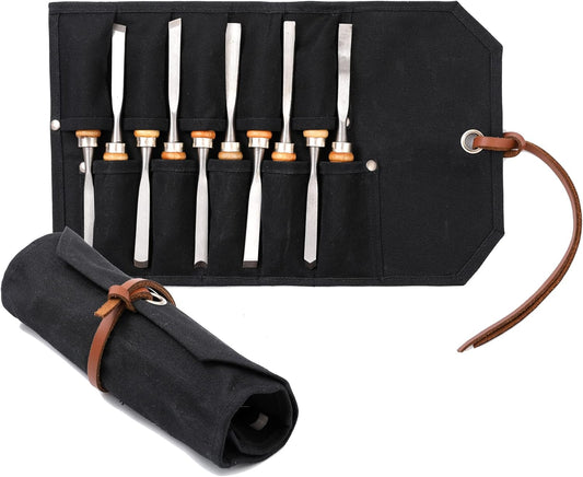 Multi-Function Chisel Roll, Heavy Duty 16oz Waxed Canvas Tool Storage Bag, Sturdy Tool Carrier with 10 Slots for Chisel Wrench Screwdriver | Dark Green