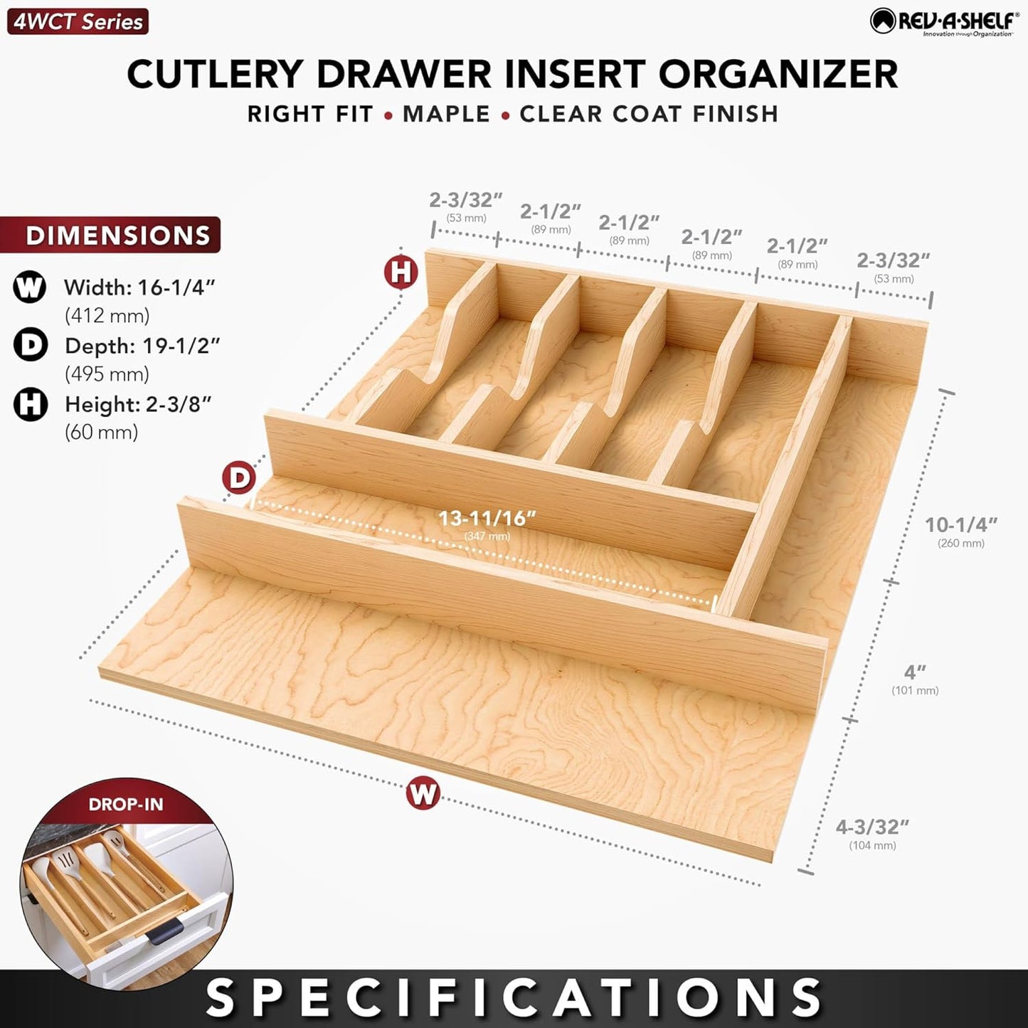 Rev-A-Shelf Natural Maple Right Size Utensil Insert Home Storage Kitchen Organizer 7 Compartment Drawer Accessory, 19 1/4" x 19 1/2", 4WCT-24SH-1