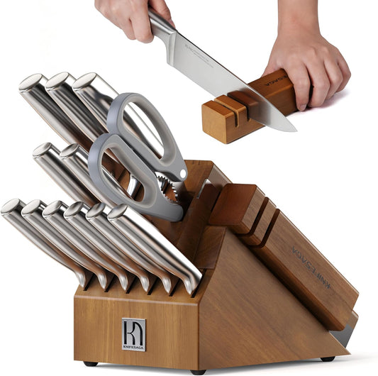 KnifeSaga Kitchen Knife Set with Block and Detachable 2-Stage Sharpener | 14-Piece Premium High Carbon Stainless Steel Knives with Ergonomic Anti-Slip Handle, Rubberwood Knife Block
