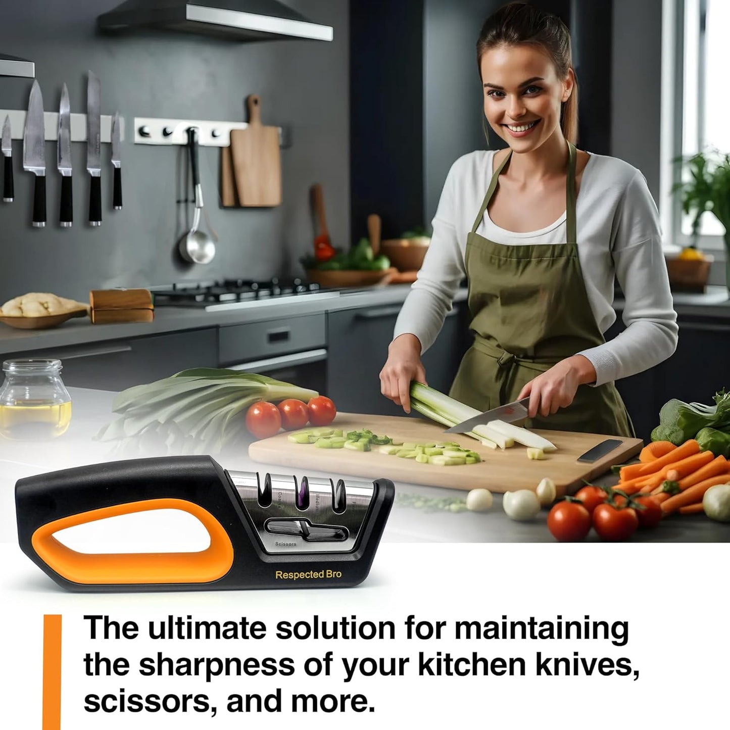 RESPECTED BRO 4-in-1 Knife and Scissors Sharpener, Premium Kitchen Knife Sharpener Tool, Help Prepare Restore & Polish Blades, Comfort & Ergonomic Handles For Easy-To-Use