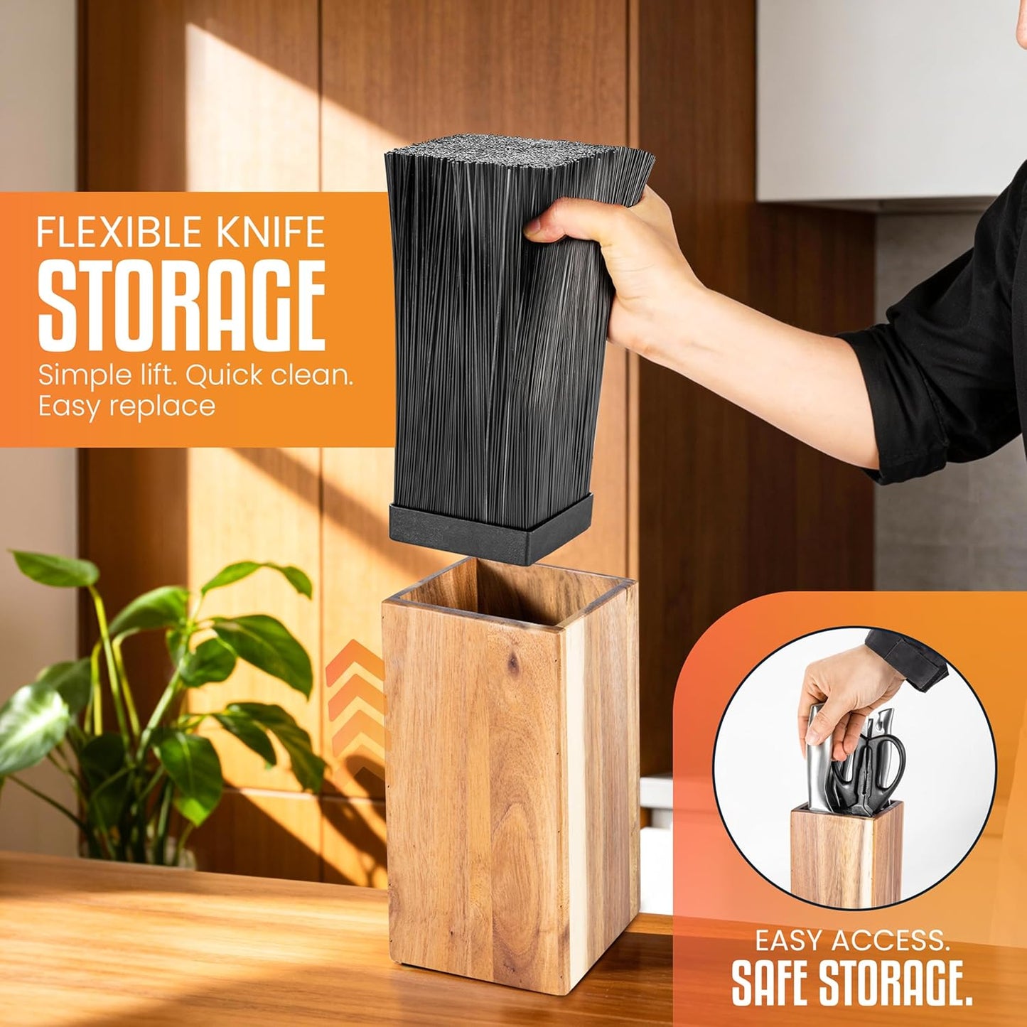 Acacia Wood Angled Knife Block with Multi-Purpose Holder – Universal Kitchen Knife Storage with Removable Bristle Insert (Honey brown, regular medium)
