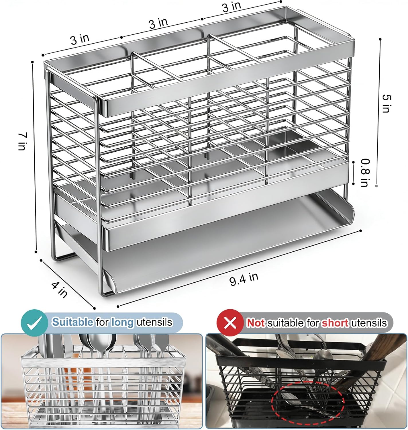 Utensil Holder, Upgrade Stainless Steel Utensil Drying Rack with Automatic Drain Tray for Kitchen Counter, Silverware Cutlery Organizer for Spoons, Forks, Knifes, Chopsticks (Black)