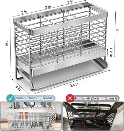 Utensil Holder, Upgrade Stainless Steel Utensil Drying Rack with Automatic Drain Tray for Kitchen Counter, Silverware Cutlery Organizer for Spoons, Forks, Knifes, Chopsticks (Black)