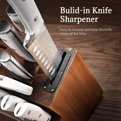 Knife Set, Emojoy 18-Pieces Kitchen Knife Set With Wooden Block, German Stainless Steel Knife Block Set With Built-In Sharpener, Professional Sharp Knives Set for Kitchen,White