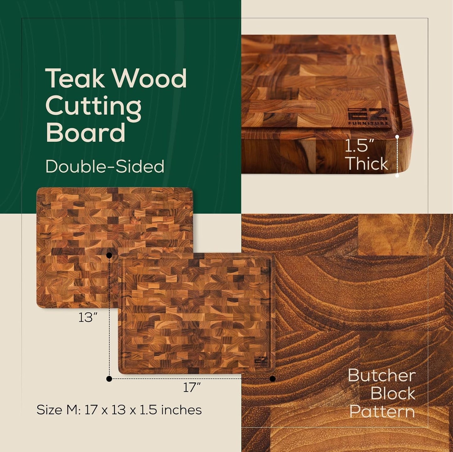 Combo 2 Extra Teak Wood Cutting Board, End Grain & Edge Grain with Juice Groove and Handles, Knife Friendly, Reversible, Suitable for Chopping Meat, Vegetables, Aesthetics for The Kitchen