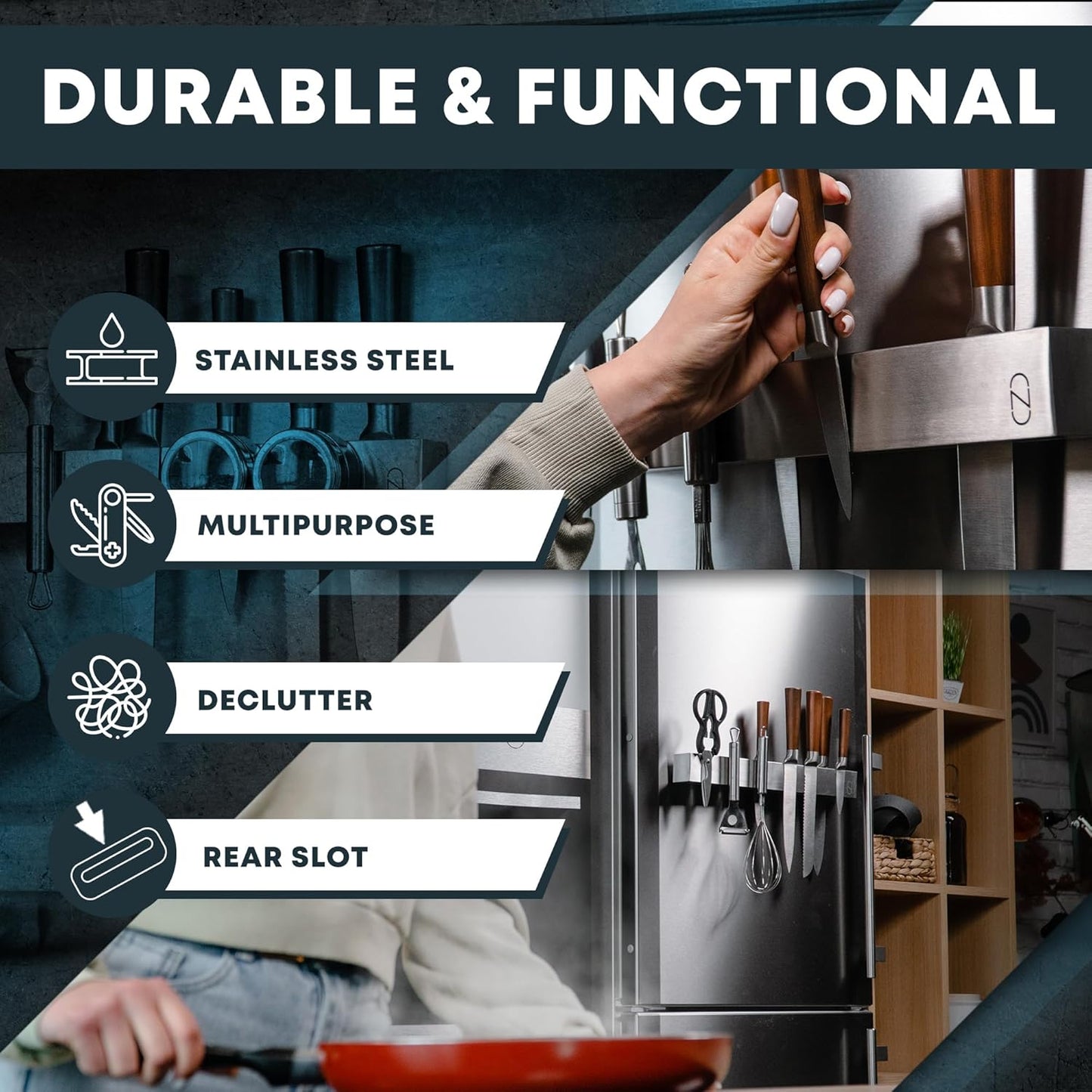 16" Magnetic Knife Holder for Wall with 2x Storage - Safe, Patented Design - Stainless Steel Knife Magnetic Strip, Under Cabinet Knives Storage - Magnet Strip Rack Kitchen Utensil Organizer