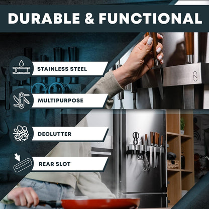 16" Magnetic Knife Holder for Wall with 2x Storage - Safe, Patented Design - Stainless Steel Knife Magnetic Strip, Under Cabinet Knives Storage - Magnet Strip Rack Kitchen Utensil Organizer
