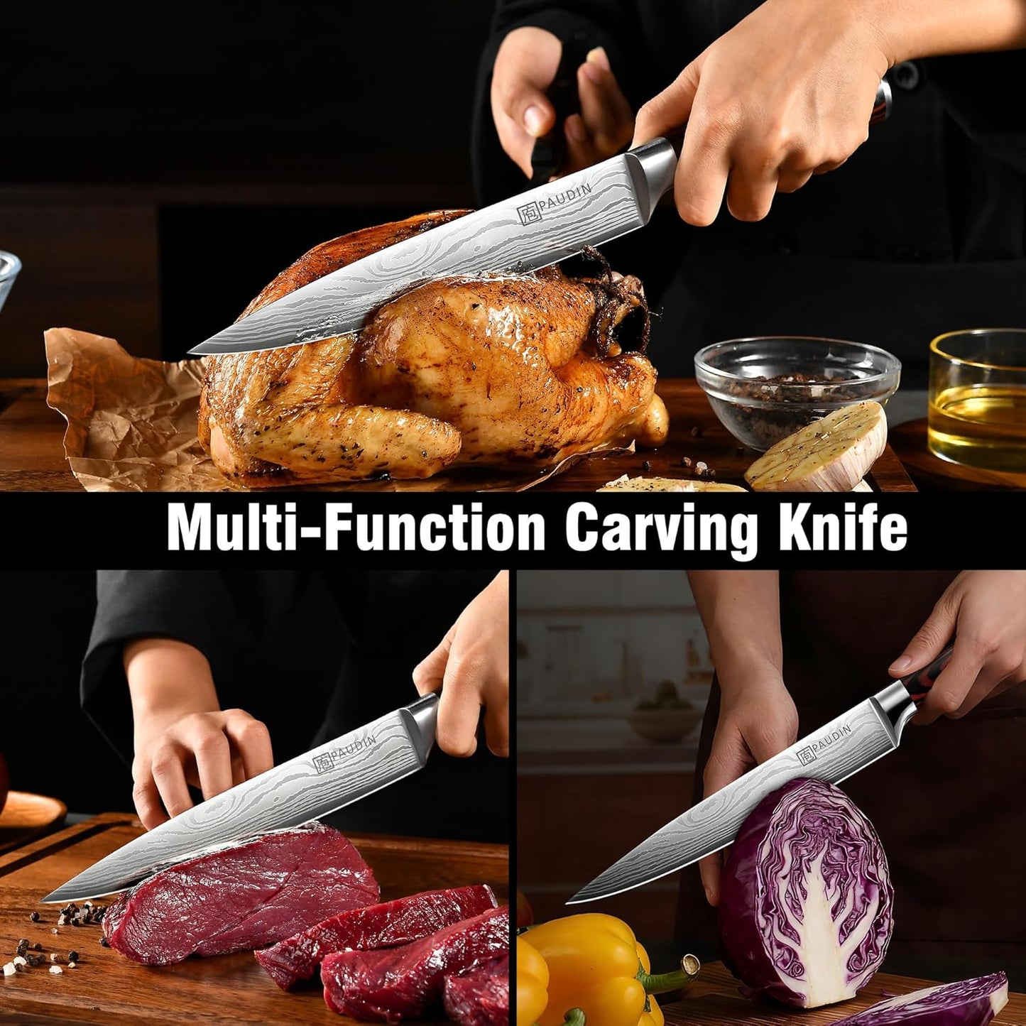 PAUDIN Chef Knife, 10 Inch Meat Knife, Ultra Sharp Brisket Slicing Knives, High Carbon Stainless Steel Kitchen Knife with Ergonomic Handle for BBQ, Roast, Meats and Vegetables
