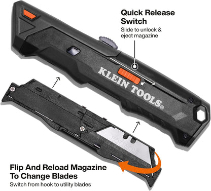Klein Tools 44308 Auto-Loading Retractable Utility Knife, Utility Box Cutter, Dual-Sided 10 Blade Magazine, Standard and Hook Blades, Professional Work Knife