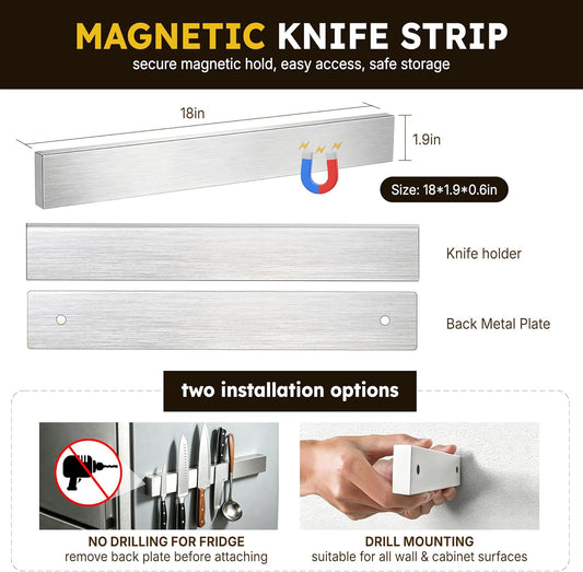 Magnetic Knife Holder for Wall, 18 Inch Magnetic Knife Strip for Refrigerator, Multipurpose Knife Rack & Kitchen Utensil Holder, Knife Block Alternative Metal Tool Organizer