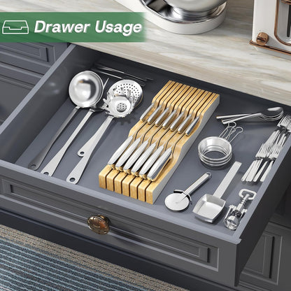 Knife Drawer Organizer Insert, Bamboo Wood Knife Holder, Knife Block Holds Up To 11 Knives