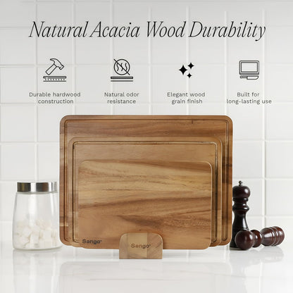 Sango Acacia Cutting Board Set with Juice Grooves and Partitions for Serving, 3-Piece- Wood Chopping Boards, Stackable & Reversible for Kitchen, Non-Toxic, Perfect as Butcher Block Countertop, Atelier