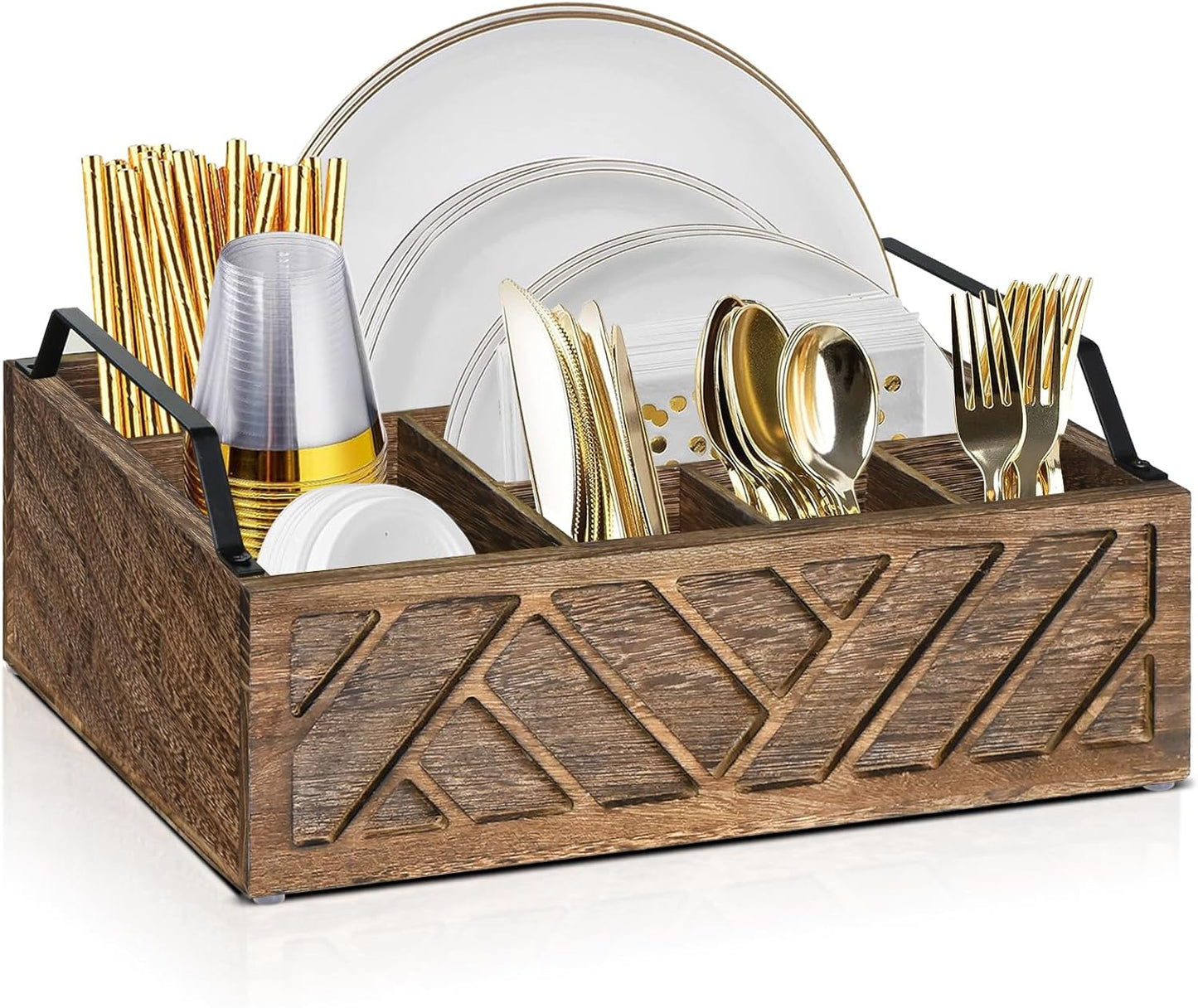 Ukonvi Paper Plate Dispenser, Paper Plate Holder for Kitchen Counter, Wood Rustic Silverware Utensil Caddy, Cutlery Flatware Organizer Box for Cups Spoons Forks Plates Napkins, Kitchen Accessories