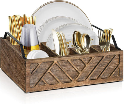 Ukonvi Paper Plate Dispenser, Paper Plate Holder for Kitchen Counter, Wood Rustic Silverware Utensil Caddy, Cutlery Flatware Organizer Box for Cups Spoons Forks Plates Napkins, Kitchen Accessories