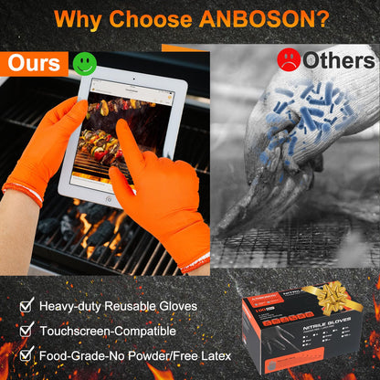 ANBOSON BBQ Gloves Disposable-Heat Resistant Cooking & Grilling Gloves Set (100 Black Nitrile, 4 Cotton Liners)-10Mil Heavy Duty Meat Handling Smoker Accessories for Hot Food Prep,Non-Slip Grip,Large