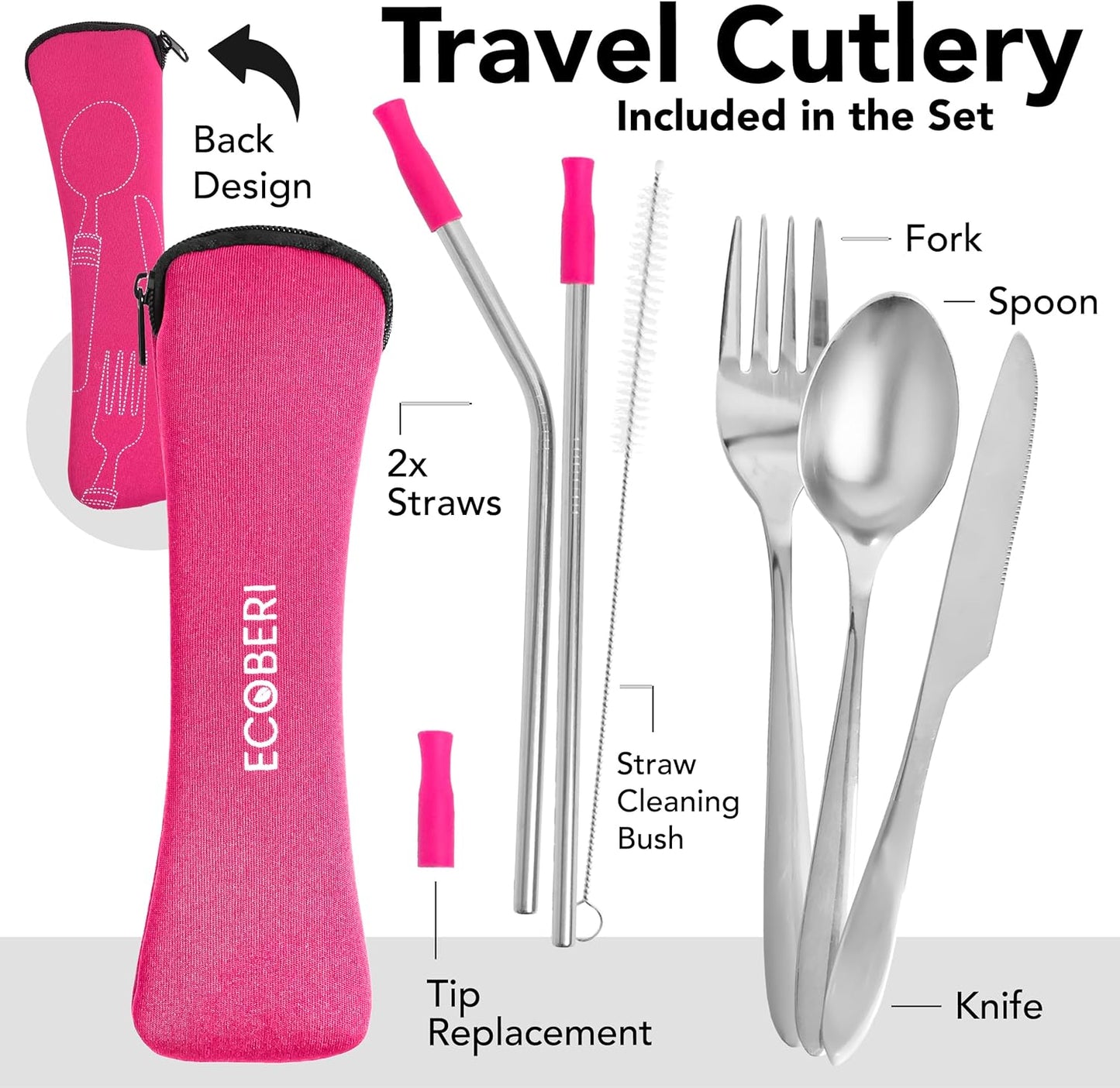 ECOBERI Reusable Travel Utensils Set with Case, Grey, 4 Complete Cutlery Sets, Stainless Steel Fork Spoon Knife Straws and Cleaner for Lunch, Work, Camping, Travel and Picnics