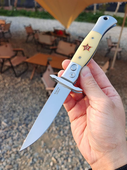 Russian Finka-NKVD KGB Folding Pocket Knife,3.74" Mirror Polished X12M Steel Blade,Aviation Aluminum Inlaid Resin Handle,Cowhide Sheath (Black handle)