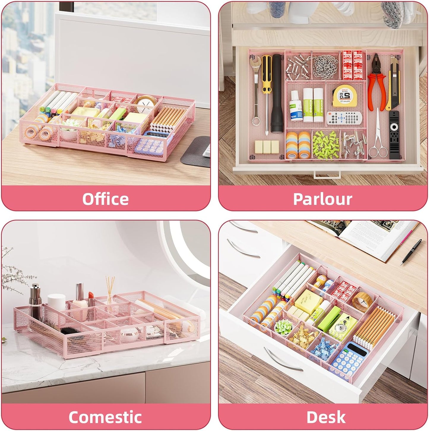 Marbrasse Expandable Desk Drawer Organizer, Mesh Drawer Organizer Tray with 10 Adjustable Compartments, Desk Organizers and Accessories for Office Supplies, Makeup & Vanity (Expandable White-2 pack)