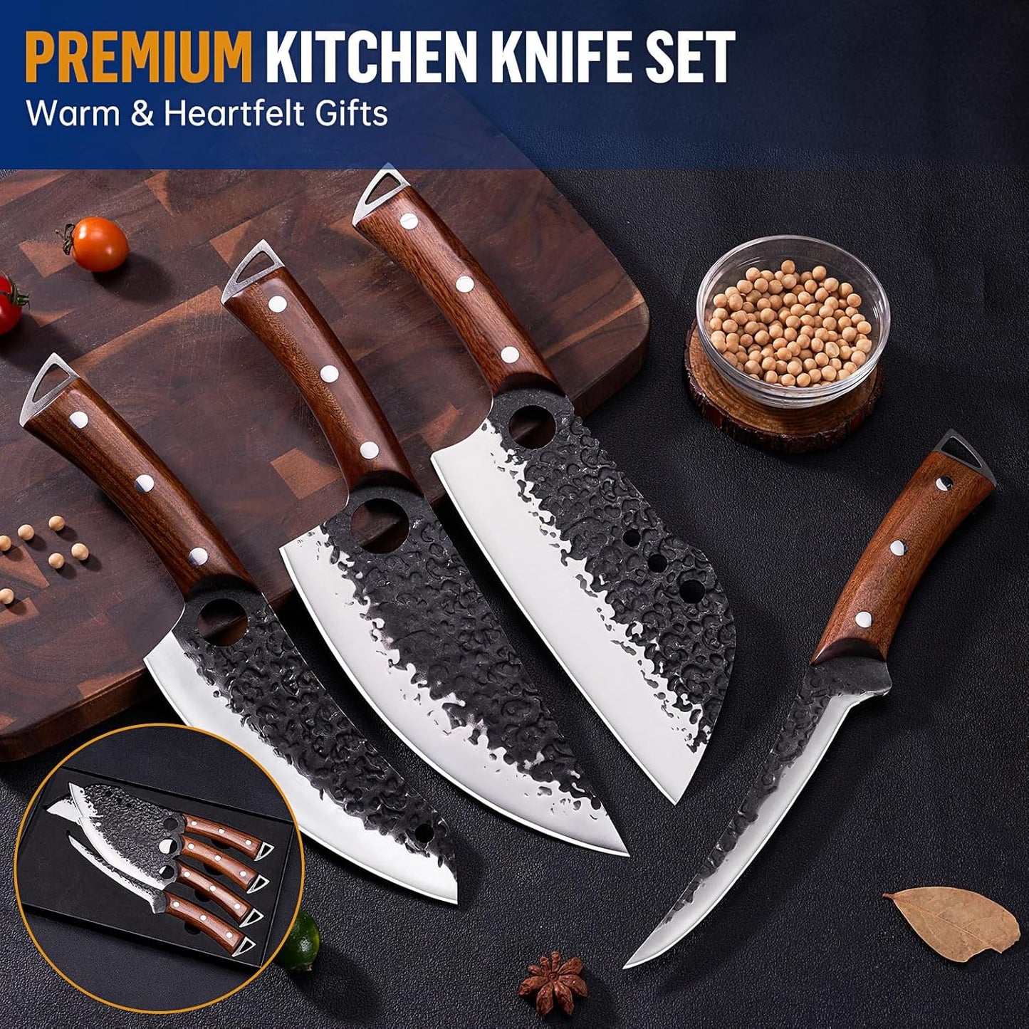 KITNATS 9PCS Butcher Knife Set with Roll Bag, Hand Forged Kitchen Knife Set with Meat Cleaver, Boning Knife & Chef Knife for BBQ, Meat Processing, Camping, Outdoor Cooking, Gift for Men