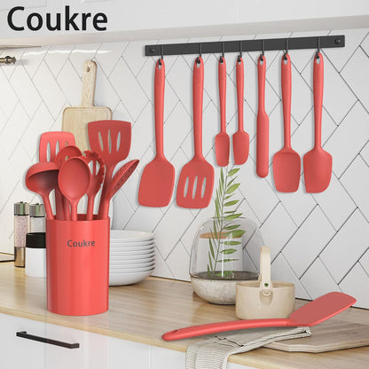 Coukre Silicone Kitchen Cooking Utensils Set with Holder – Heat-Resistant, Food-Grade Kitchen Tools, Spatula, Spoon & Gadgets for Non-Stick Pans, Dishwasher Safe (14, PureBlack)
