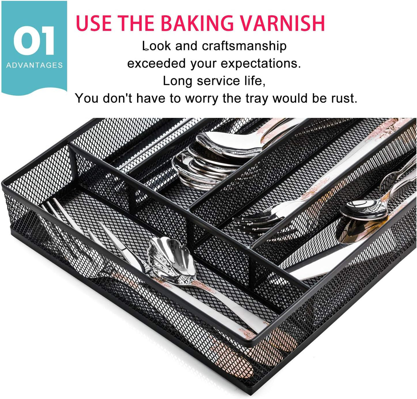 JANE EYRE Drawer Organizer, Cutlery Tray Silverware Flatware Storage Divider for Kitchen, Mesh Wire with Non-slip Foam Feet, 5 Component, Silver
