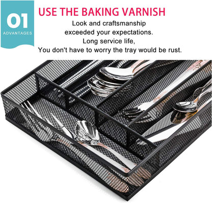 JANE EYRE Drawer Organizer, Cutlery Tray Silverware Flatware Storage Divider for Kitchen, Mesh Wire with Non-slip Foam Feet, 5 Component, Silver