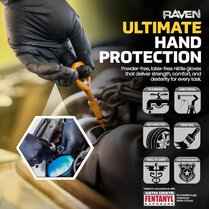 Raven Powder Free Nitrile Disposable Gloves 7 Mil - XL Latex Free, Chemical + Puncture Resistant, Textured Grip, Single Use for Automotive, Industrial, Janitorial, MRO, Food Service 66519