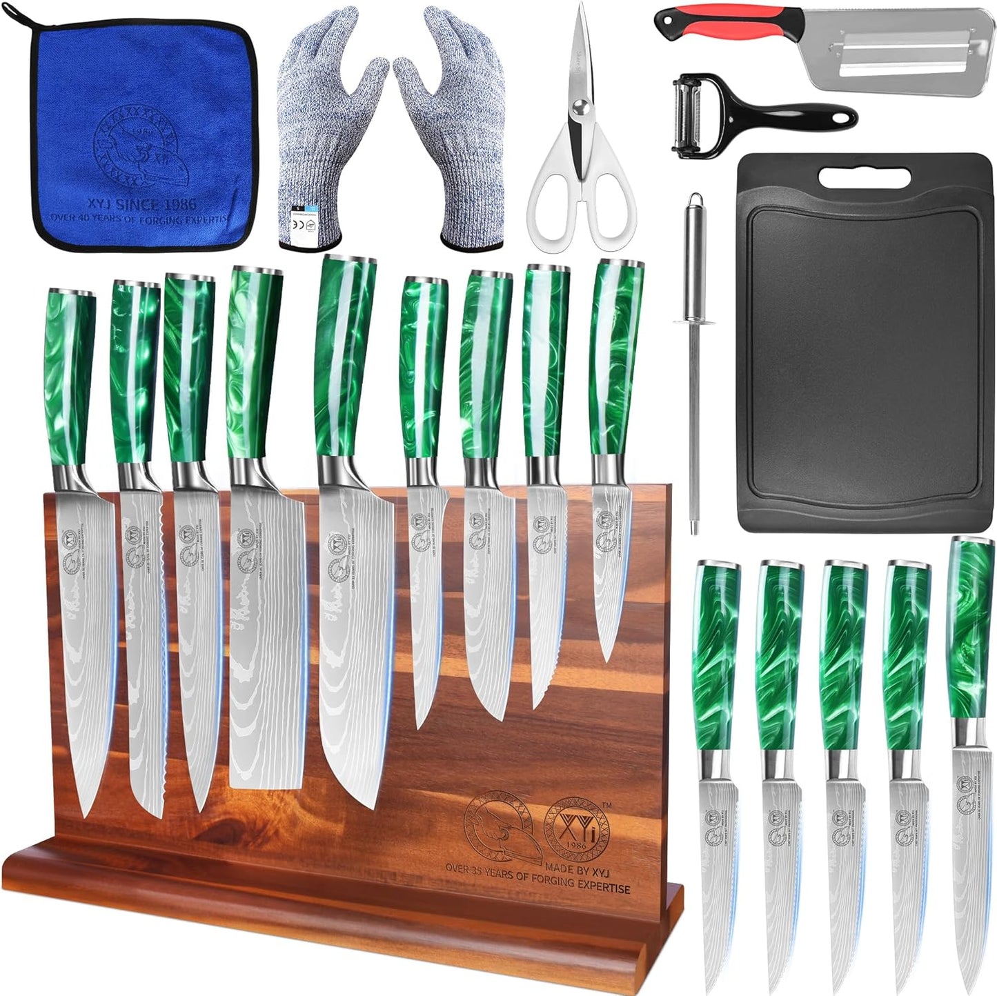 XYJ Kitchen Knife Block Set,Stainless Steel Knives Set with Magnetic Knife Block,Scissors,Gloves,Honing Steel,Japanese Style Paring Boning Steak Slicing Santoku Chef Knives,Resin Handle