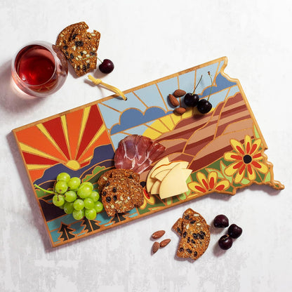 Totally Bamboo North Carolina State Shaped Cutting Board and Charcuterie Serving Platter with Artwork by Summer Stokes, Includes Hang Tie for Wall Display 18" x 8" x 5/8" - Colors B
